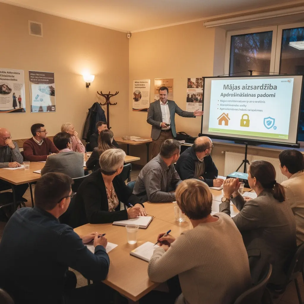 Ēka ar aizsargājošu jumtu un logiem, kas simbolizē mājokļa drošību.