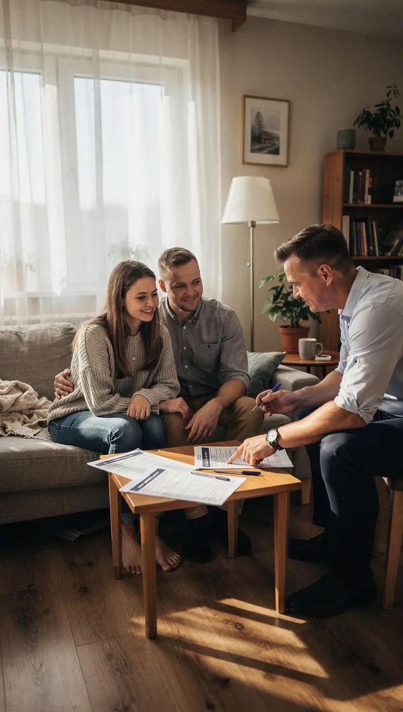 Ģimene, kas laimīgi pavada laiku savā drošajā mājoklī, simbolizējot mājas komfortu.